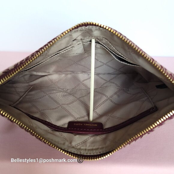 MICHAEL KORS Jet Set Signature Jacquard Large Zip Pouch Wristlet- Dark Berry ⭐ - Picture 13 of 16